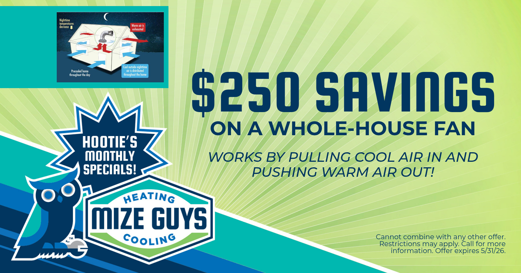 $250 savings on a whole-house fan from Mize Guys Heating & Cooling, featuring Hootie’s Monthly Specials. Explains that the fan pulls in cool air and pushes warm air out. Offer valid through May 31, 2026 with restrictions.