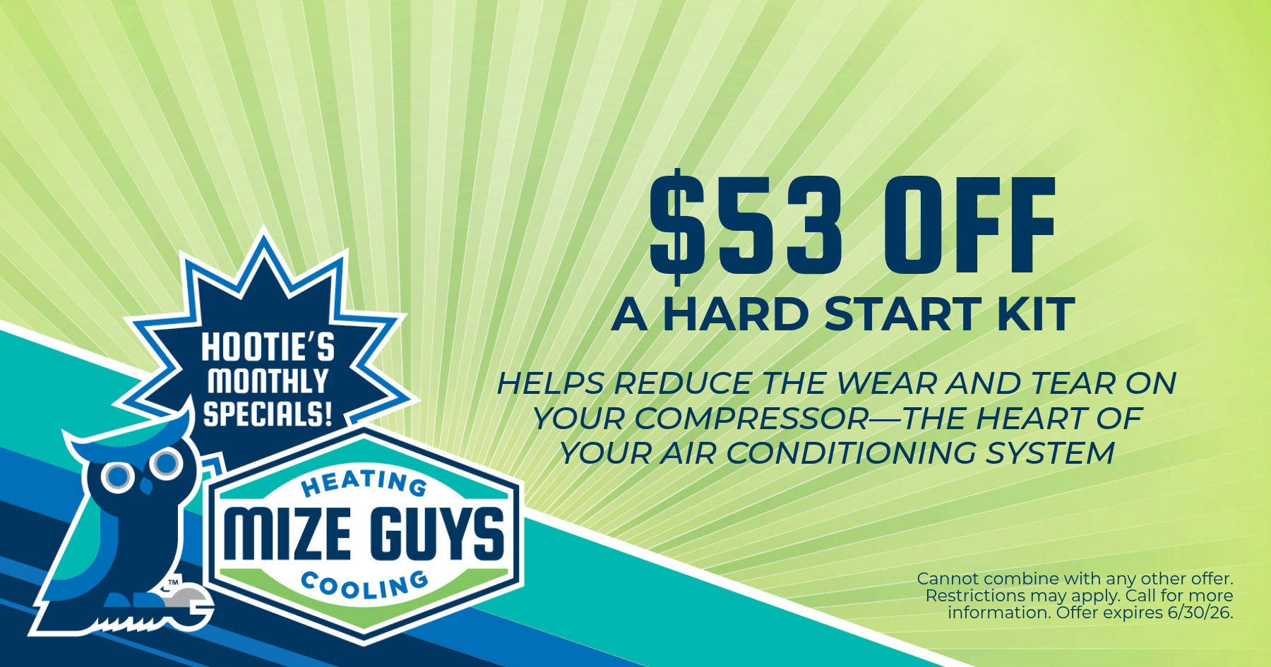 Mize Guys Heating & Cooling special promotion for $53 off a hard start kit that helps protect air conditioning compressors and improve HVAC system performance.