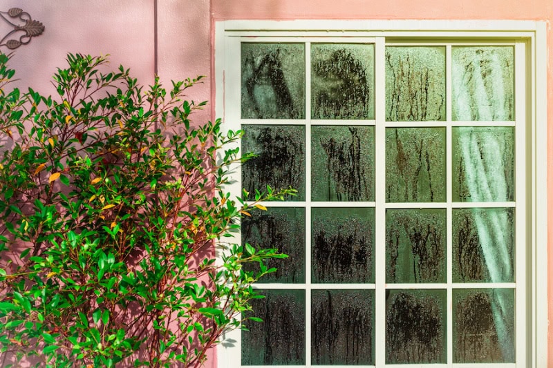 Why You Need Whole-House Humidity Control. Glass door with condensation and a tree, high humidity. Texture of water on a glass. Phenomenon of nature and exterior concept.